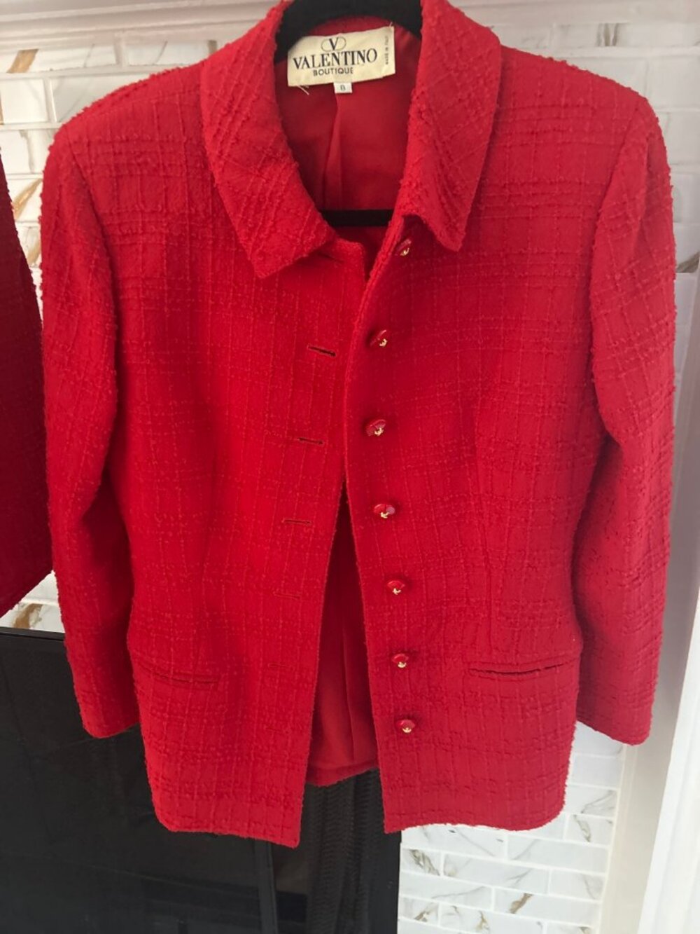 Valentino Boutique Vintage Red Tweed Skirt Suit Jacket + Skirt Set Sz 8 M